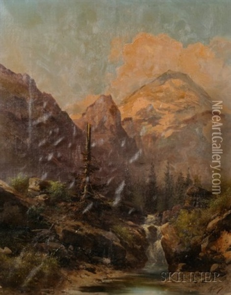 Faggot Gathers By An Ancient Wall (+ The Snag By The Mountain Cascade; 2 Works) Oil Painting - Guido Agostini