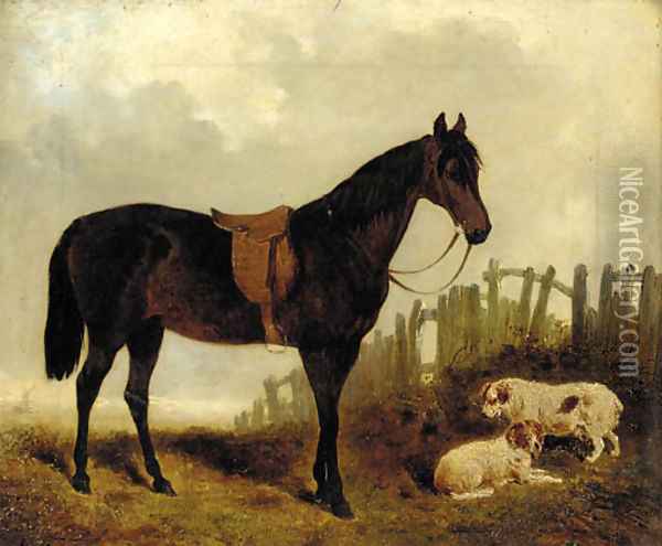 A saddled dark brown hunter with two dogs in a landscape Oil Painting - John Frederick Herring Snr