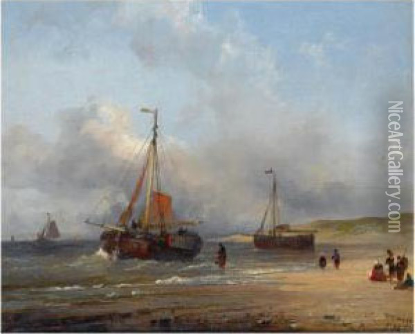 A Bomschuit In The Breakers, Scheveningen Oil Painting - Wilhelm George Wagner