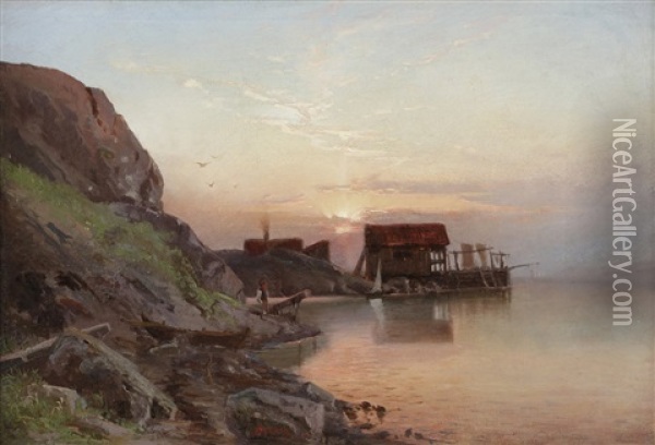 Kystlandskap Med Fiskevaer Oil Painting - Reinholdt Fredrik Boll