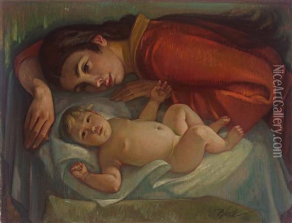 Mutter Mit Kind (entstanden Nach Dem Tod Seiner Frau - Wohl Als Trauerbild Zu Lesen) Oil Painting - Paul Buerck