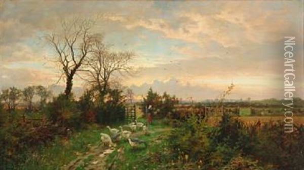 Landscape With A Girl Garding Her Geese Oil Painting - William Greaves