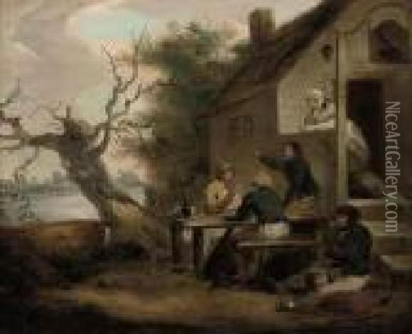 Sailors Conversing Outside An Inn, A River Beyond Oil Painting - George Morland