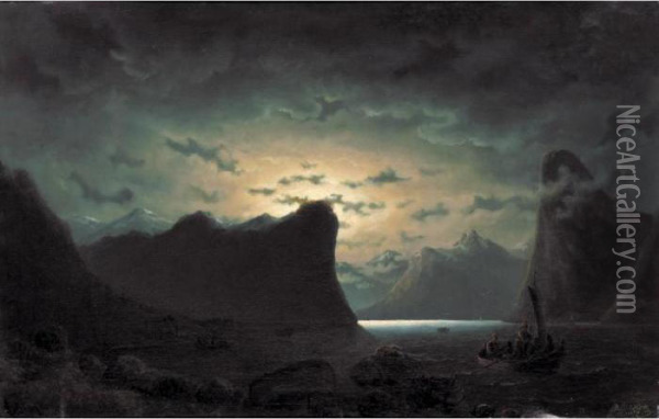 Fishing Near The Fjord By Moonlight Oil Painting - Marcus Larson