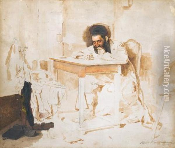 Rabbi Reading A Book Oil Painting - Isidor Kaufmann