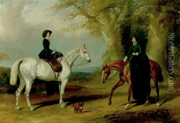 Mrs. Samuel Block And Her Step-daughter Agnes, Later Mrs. Thomas Saumarez, On Hunters, With A Spaniel, In An Extensive Wooded Landscape Oil Painting - William Barraud
