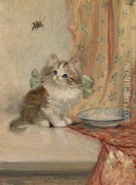 The Kitten And The Bumblebee Oil Painting - Meta Pluckebaum