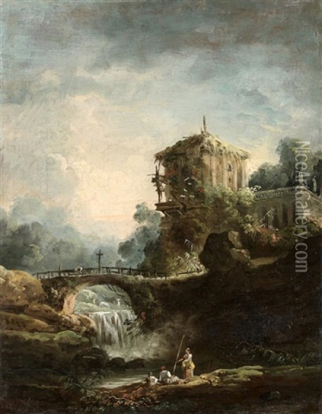 Paysage Au Pont Et A La Cascade Oil Painting - Hubert Robert
