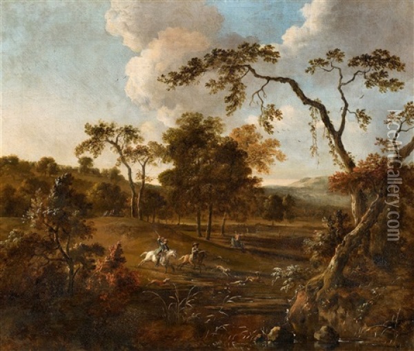 Landscape With Rolling Hills And A Stag Hunt Oil Painting - Jan Wijnants