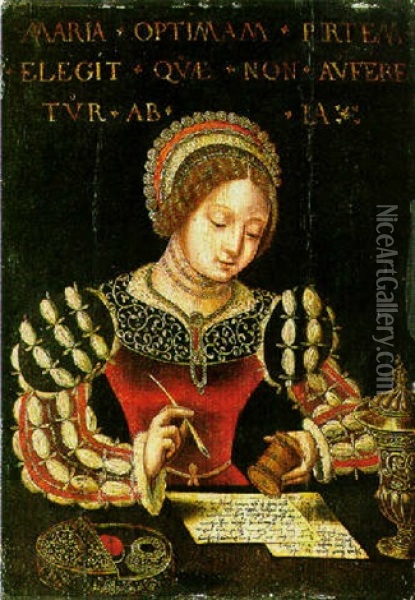 Mary Writing At A Desk Oil Painting -  Master of the Female Half Lengths