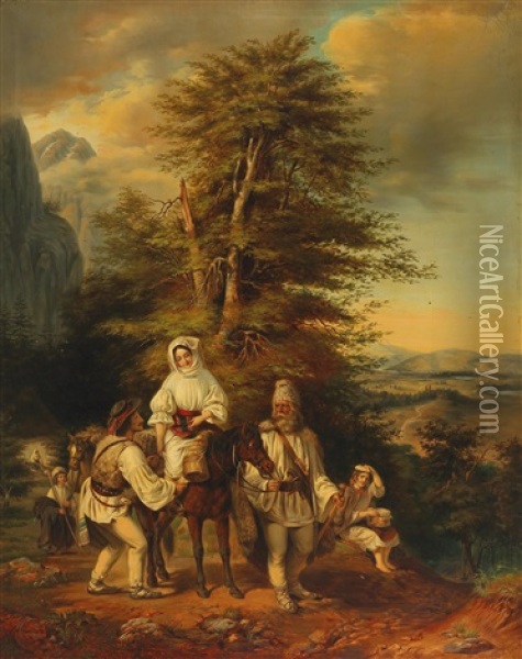 Romanian Family On Their Way To Market Oil Painting - Miklos Barabas
