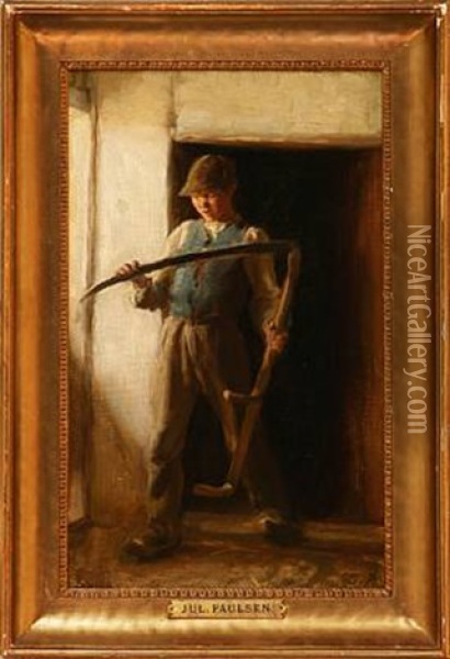 A Peasant With A Scythe Oil Painting - Julius Paulsen
