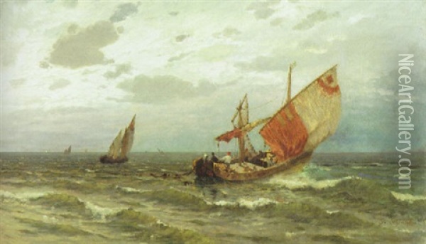Fischerboote In Sturmischer See Vor Der Venezianischen Kuste Oil Painting - Gustav Schoenleber