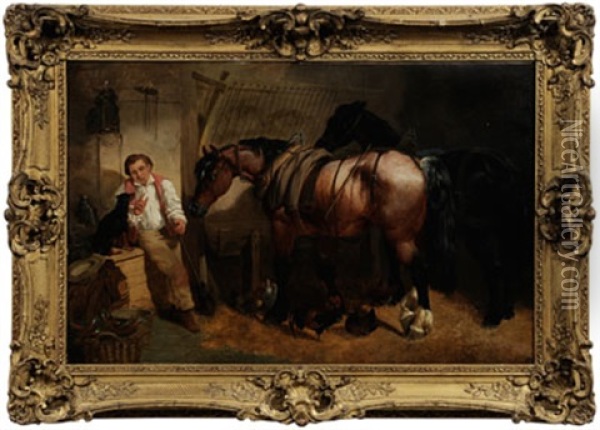 Stable Boy In A Barn With Dog, Horses And Chickens Oil Painting - Henry Charles Woollett