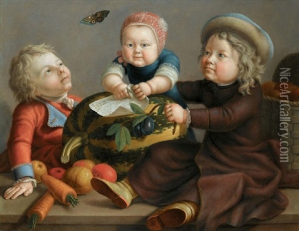 A Group Portrait Of The Artist's Three Sons, Seated On A Stone Ledge With Fruit Oil Painting - Johann Heinrich Suhrlandt
