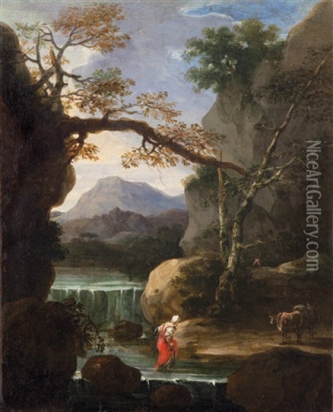 Paesaggio Fluviale Con Figure Oil Painting - Bartolomeo Torreggiani