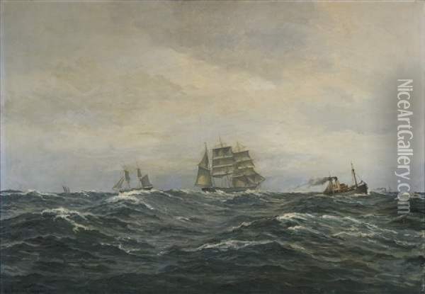 Segelfartyg Och Angfartyg I Hog Sjo Oil Painting - Christian Benjamin Olsen