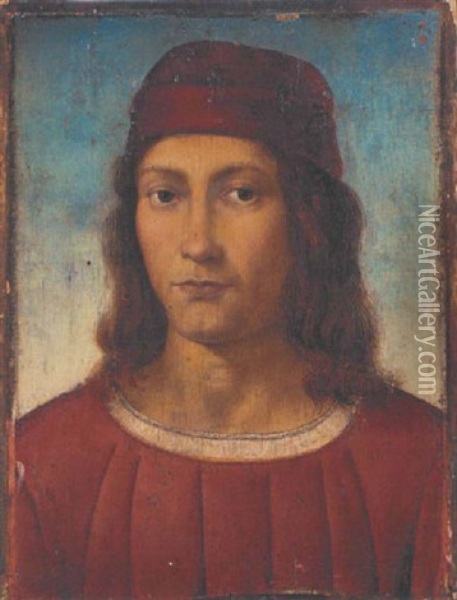 Portrait Of A Young Man In A Red Tunic And Pillbox Hat Oil Painting - Pietro Perugino