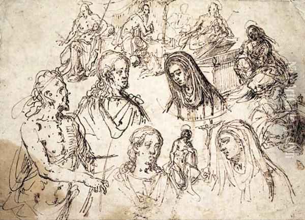 Studies for the Mocking of Christ, the Baptist, the Magdalene, Saint Jerome and heads of Christ and the Virgin Oil Painting - Giovanni Paolo Luini