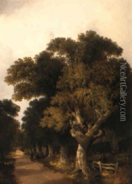 A Woodland Road Oil Painting - John Berney Ladbrooke