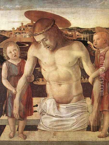 Dead Christ Supported by Two Angels (Pietà) c. 1460 Oil Painting - Giovanni Bellini