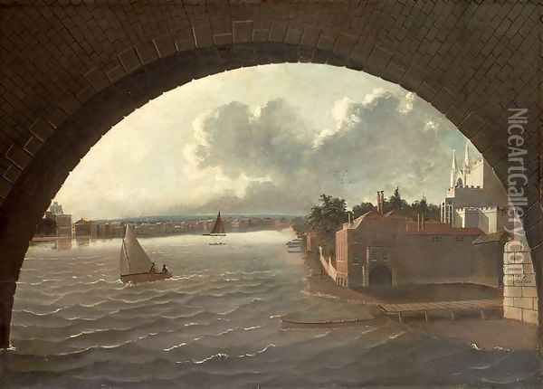 The Thames at Westminster seen through the arch of a bridge Oil Painting - Daniel Turner