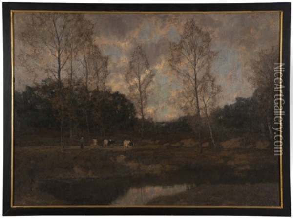 Cows And Figure In A Landscape Oil Painting - Arnold Marc Gorter