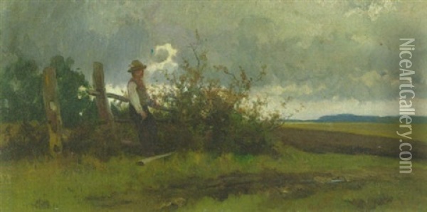 Huterbub Am Wiesengatter, In Die Landschaft Blickend Oil Painting - Adolf Ernst Meissner