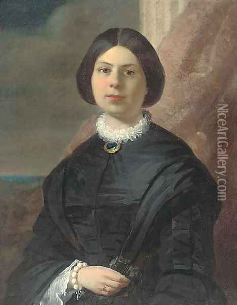 Portrait Of A Lady, Half-Length, In A Black Dress With A Lace Collar And Broach Oil Painting - French School
