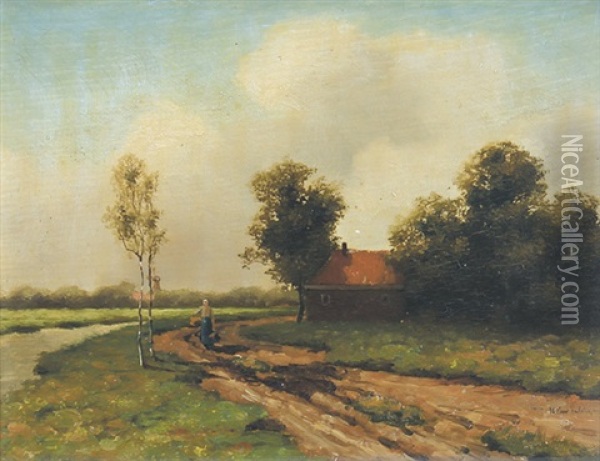 Weite Landschaft Mit Bauerin Auf Einer Dorfstrase Oil Painting - Cornelis Johannes van Hulsteyn