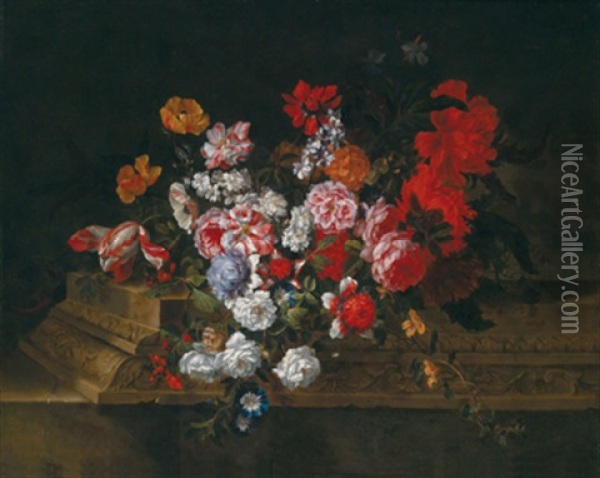 Ein Blumenstillleben Auf Skulptiertem Sockel Oil Painting - Jean-Baptiste Monnoyer