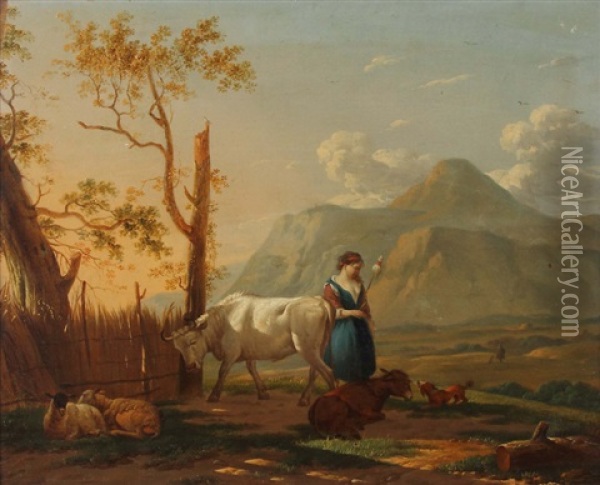 Junge Hirtin Bei Der Herde Oil Painting - Jacob van Kouwenhoven