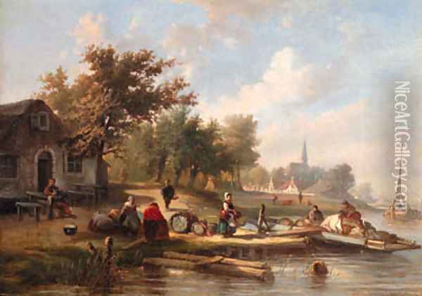 View of a town along a river with townsfolk on a jetty Oil Painting - Laurent Herman Redig
