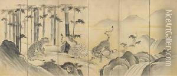 Tigers In A Bamboo Grove Oil Painting - Tosetsu Sogetsu