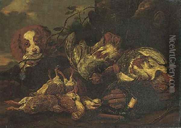A spaniel with dead game birds in a clearing Oil Painting - Jan Fyt