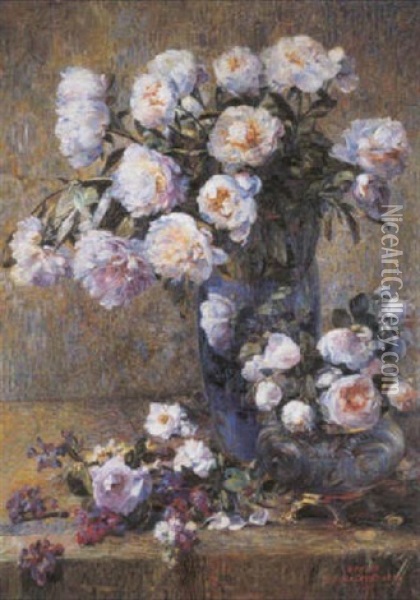 Pivoines Et Roses Oil Painting - Edmond De Maertelaere
