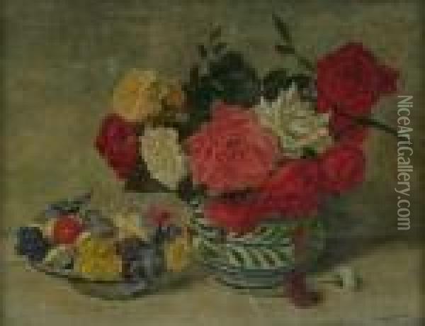 Roses In A Bowl And Violets In A Dish Oil Painting - James Bolivar Manson