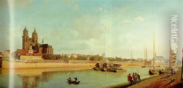 Magdeburg An Der Elbe; Ansicht Von Ost Nach West Oil Painting - Johann Philipp Eduard Gaertner