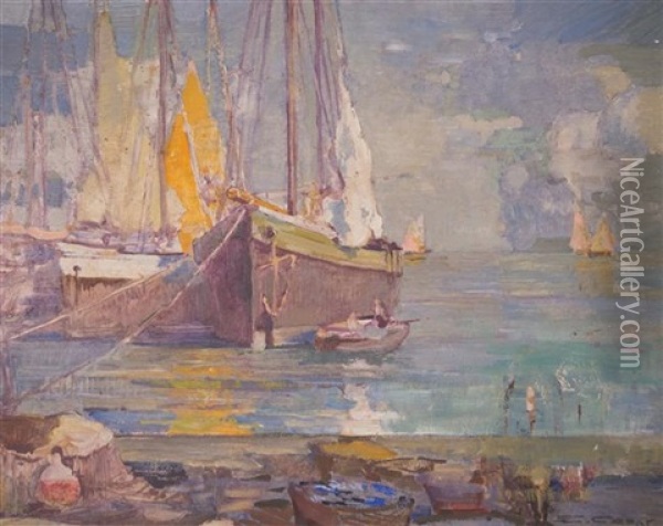 Harbor View With Boats Oil Painting - Ettore Caser