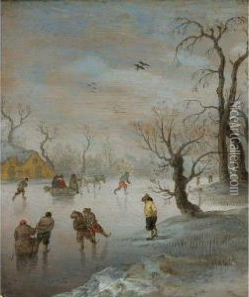 Skaters And A Horse-drawn Sledge On A Frozen Waterway Oil Painting - Verstraelen Anthonie