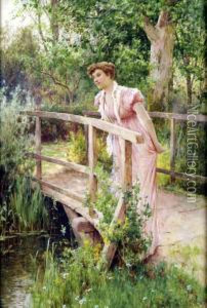 Good Morning, With Lady Looking Longingly On A Rustic Bridge Oil Painting - Alfred I Glendening