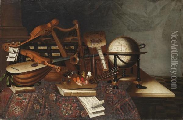 A Painter's Palette And Brushes, Musical Instruments, Books Including Volumes Of Plato And Tasso, A Globe And Two Chests, On A Table Partly Draped With A Carpet, In An Interior Oil Painting - Bartolomeo Bettera