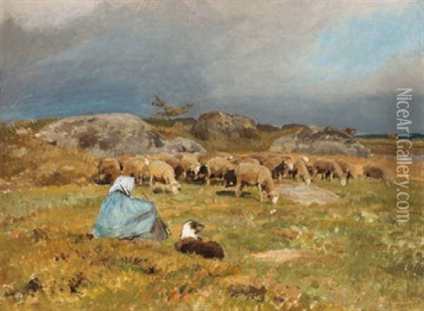 Schaferin Mit Ihrer Herde Oil Painting - Jean Henri Zuber