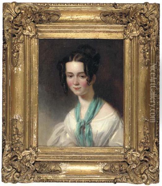 Portrait Of Emily Beaumont (d.1849), The Artist's Daughter,half-length In A White Dress And Green Shawl Oil Painting - John Thomas Barber Beaumont