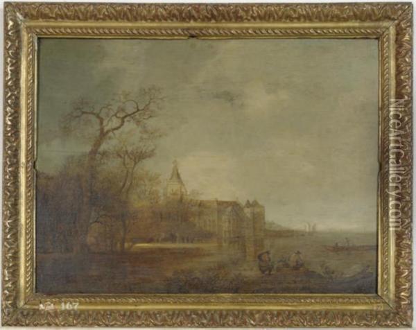 A Church By A Village On A Riverbank Oil Painting - Anthony Jansz. Van Der Croos