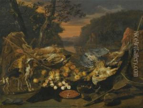 A Still Life With Game, Hunting Gear And Two Dogs Oil Painting - Jan van Kessel