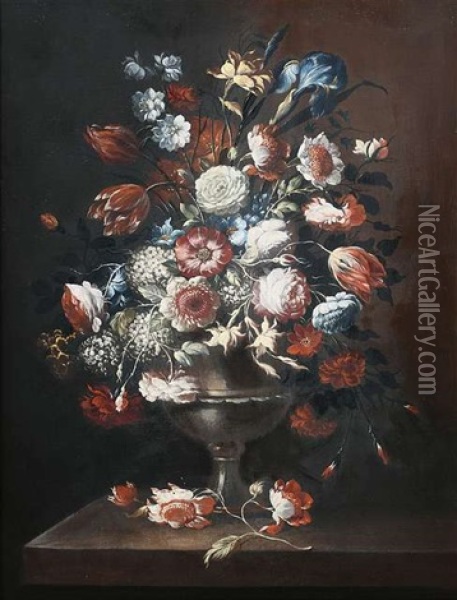 Stilleben Mit Prachtigem Blumenbukett In Silberner Vase Auf Einem Steinpodest Oil Painting - Johann Martin Metz