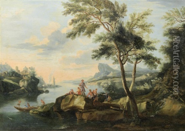 An Extensive Italianate River Landscape With Figures Resting On A Rock; And Figures Fishing In An Extensive Italianate River Landscape (2 Works) Oil Painting - Jacob De Heusch
