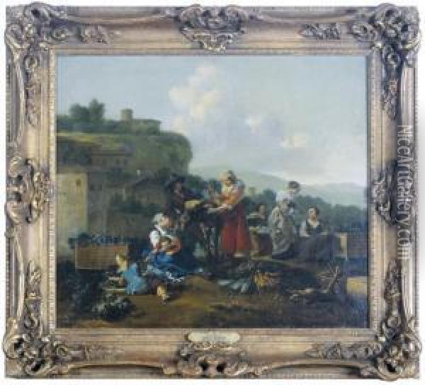 Figures At A Vegetable Market In An Italianate Landscape Oil Painting - Hendrick Mommers