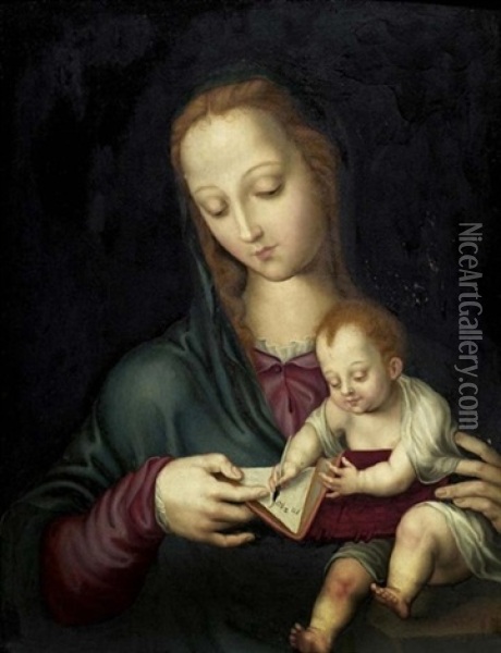 Madonna Mit Kind In Einem Buch Schreibend Oil Painting - Luis de Morales